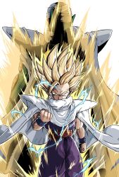  2boys aura back-to-back blonde_hair blue_eyes cape clenched_hands closed_mouth colored_skin dougi dragon_ball dragon_ball_z electricity green_skin highres long_bangs long_hair looking_at_viewer male_focus multiple_boys onigiri_debu piccolo pointy_ears son_gohan spiky_hair super_saiyan super_saiyan_2 white_background white_cape wristband 