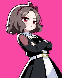  1girl belt black_dress blush bow bow_hairband bowtie brown_hair closed_mouth clothing_cutout collared_shirt crossed_arms dress drop_shadow ebizuka_tomo frown girls_band_cry hairband highres jorang_(jorang08) long_sleeves looking_at_viewer pink_background pink_eyes shirt short_hair shoulder_cutout simple_background solo upper_body v-shaped_eyebrows white_shirt 