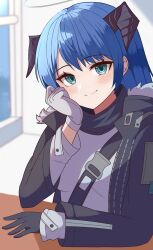  1girl arknights asymmetrical_gloves black_gloves black_horns black_jacket blue_eyes blue_hair blush closed_mouth commentary_request fur-trimmed_jacket fur_trim gloves grey_gloves grey_halo grey_shirt halo head_rest highres horns jacket kuwan4971 long_sleeves looking_at_viewer medium_hair mismatched_gloves mostima_(arknights) open_clothes open_jacket shirt smile solo traditional_halo upper_body 