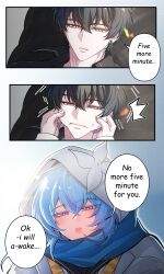  1boy 1girl absurdres black_hair blue_hair blue_nails blue_scarf bright_pupils cheek_pinching colored_eyelashes english_text hair_between_eyes half-closed_eyes highres long_hair male_rover_(wuthering_waves) nail_polish official_alternate_costume open_mouth parted_lips pinching revision rover_(wuthering_waves) scarf shorekeeper_(wuthering_waves) sweatdrop tu_thanh violet_eyes white_hood white_pupils wuthering_waves yellow_eyes 