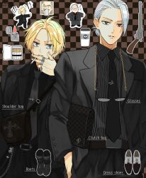  10000_yen_note 2boys absurdres bag banknote belt belt_buckle ben-day_dots black_belt black_boots black_eyes black_necktie black_pants black_shirt black_suit blonde_hair blue_eyes boots brown_background brown_belt buckle chain checkered_background checkered_bag chibi chibi_inset cigarette cigarette_case collared_shirt commentary_request cross cup disposable_coffee_cup disposable_cup dress_shirt dress_shoes english_text eyewear_strap formal_clothes glasses grey_necktie gun hair_bun hair_slicked_back handbag highres holding holding_cigarette jacket jewelry label lapels lighter looking_at_viewer male_focus minato_x3710 money multiple_boys multiple_rings necktie pants pinstripe_pattern pinstripe_shirt revolver ring round_eyewear sakamoto_days sakamoto_taro sakamoto_taro_(skinny) screentones shin_(sakamoto_days) shirt shoes short_hair shoulder_bag single_hair_bun skull_and_crossbones smoking striped_clothes striped_shirt suit suit_jacket translation_request vertical-striped_clothes vertical-striped_shirt watermark weapon white_hair zippo_lighter 