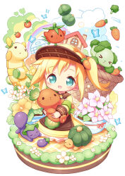  1girl :d aikei_ake apron blonde_hair broccoli brown_apron building carrot clouds collared_dress commentary_request dress eggplant flower food food_request original personification pink_flower rainbow side_ponytail smile solo tomato vegetable visor_cap water white_flower window yellow_dress yellow_flower 