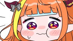  1girl :t blonde_hair blush_stickers bow chibi closed_mouth diagonal-striped_bow dragon_horns eating highres hololive horn_bow horn_ornament horns kiryu_coco long_hair looking_at_viewer mochimiko multicolored_hair orange_hair pointy_ears simple_background small_sweatdrop solo sparkling_eyes streaked_hair striped_bow sweat violet_eyes virtual_youtuber wavy_mouth white_background 