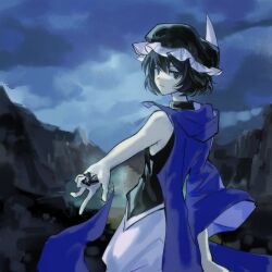  1other :3 androgynous baggy_shorts black_eyes black_hair black_hat black_shirt blue_sky canyon chinese_commentary closed_mouth clouds coattails commentary_request cowboy_shot day english_commentary expressionless frilled_headwear giving hair_between_eyes hat highres hood hood_down hooded_jacket jacket jacket_partially_removed len&#039;en light_smile long_sleeves looking_at_viewer mixed-language_commentary mob_cap other_focus outdoors outstretched_arm pointy_nose purple_jacket shirt shitodo_kuroji short_hair shorts single_bare_arm single_bare_shoulder single_sleeve sky sleeveless sleeveless_shirt solo standing turtleneck turtleneck_shirt white_shorts wide_sleeves yancao_(pixiv_103434280) zipper 