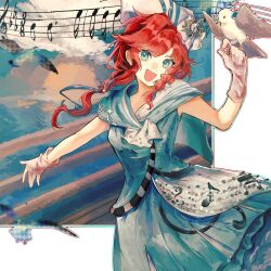  1girl :d barcarola_(reverse:1999) beamed_sixteenth_notes bird bird_on_hand blue_eyes blue_shirt blue_skirt blue_sky braid braided_sidelock dixie_cup_hat eighth_note gloves hand_up hat highres long_hair looking_at_viewer military_hat musical_note musical_note_print ocean open_mouth outstretched_arm railing reverse:1999 sailor_collar shirt sixteenth_note skirt sky sleeveless sleeveless_shirt smile solo sun susususumi treble_clef upper_body white_bird white_gloves white_hat 