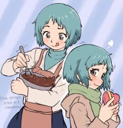  1girl :q alternate_costume apron aqua_hair beachepisode blue_background blue_skirt blush box brown_eyes chocolate commentary cooking english_commentary english_text heart heart-shaped_box highres holding long_sleeves looking_at_viewer persona persona_3 pink_apron short_hair skirt smile solo sweat sweater tongue tongue_out turtleneck turtleneck_sweater valentine winter_clothes yamagishi_fuuka 