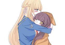  2girls black_hair blonde_hair blue_jacket blush bow braid breasts green_eyes hair_ribbon half_up_braid heaven_burns_red highres hood hood_up hooded_jacket jacket long_hair long_sleeves multiple_girls red_bow ribbon tail toujou_tsukasa tsuki_mi925 white_background white_ribbon yellow_eyes yuri 