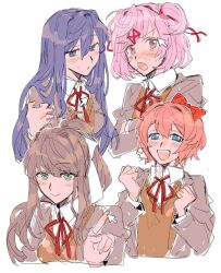  4girls arrow_(symbol) blazer blue_eyes blush bow breasts brown_hair brown_jacket brown_sweater_vest clenched_hands closed_mouth collared_shirt commentary_request crossed_arms doki_doki_literature_club fang green_eyes hair_between_eyes hair_bow hair_ornament hair_ribbon half-closed_eyes hand_up hands_up happy high_ponytail highres index_finger_raised jacket lapels large_breasts long_hair long_sleeves looking_at_viewer medium_breasts monika_(doki_doki_literature_club) multiple_girls natsuki_(doki_doki_literature_club) neck_ribbon open_clothes open_jacket open_mouth pink_eyes pink_hair ponytail purple_hair red_bow red_ribbon ribbon sayori_(doki_doki_literature_club) school_uniform shirt short_hair sidelocks simple_background smile sweatdrop sweater_vest taiyaki_jky teeth upper_body violet_eyes white_background white_bow white_shirt x_hair_ornament yuri_(doki_doki_literature_club) 