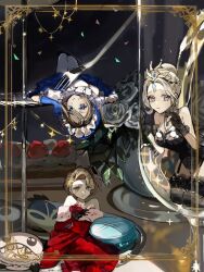  3girls :/ alcohol bare_shoulders black_bow black_gloves black_hat black_leotard black_skirt black_thighhighs blonde_hair blue_bonnet blue_eyes blue_gloves blue_skirt bonnet border bow bow_legwear bowtie brown_eyes brown_hair cake champagne closed_mouth comb_over confetti corsage cup curtained_hair dress drinking_glass earrings emily_dyer emily_dyer_(risktaker) emma_woods emma_woods_(boudoir_dream) feet_out_of_frame flower food fork frilled_bonnet frilled_gloves frilled_sleeves frills frown fruit fur-trimmed_dress fur_trim garter_straps gem gloves hair_bun hat hat_feather head_chain identity_v in_container in_cup ito_karasu jewelry kneeling lace lace-trimmed_thighhighs lace_gloves lace_trim leotard light_blush long_sleeves looking_at_viewer lying macaron margaretha_zelle margaretha_zelle_(krono) mini_hat mini_person minigirl multiple_girls multiple_necklaces off-shoulder_dress off_shoulder official_alternate_costume on_back ornate_border parted_bangs parted_lips pouring puffy_short_sleeves puffy_sleeves raised_inner_eyebrows red_dress red_flower red_gemstone red_rose rose shirt short_hair short_sleeves showgirl_skirt single_hair_bun sitting skirt strapless strapless_leotard strawberry swept_bangs thigh-highs tiara tiered_tray tilted_headwear vase violet_eyes white_bow white_bowtie white_flower white_rose white_shirt wine_glass yokozuwari 