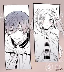  ! !! 1boy 1girl blush border brown_border capelet cloak earrings elf frieren hair_between_eyes himmel_(sousou_no_frieren) jewelry light_smile long_hair looking_at_another mole mole_under_eye nanahachi_77889 parted_bangs pointy_ears shirt short_hair sousou_no_frieren striped_clothes striped_shirt sweatdrop thick_eyebrows twintails twitter_username upper_body white_capelet white_cloak 