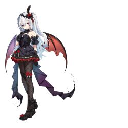  1girl absurdres bat_wings black_bow black_bowtie black_dress bow bowtie commission dress fang feather_hair_ornament feathers fishnets flower full_body hair_bow hair_flower hair_ornament highres itinana looking_at_viewer mare_(ac8231) open_mouth original red_eyes red_flower red_rose rose skeb_commission solo vampire white_hair wings 