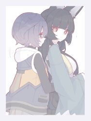  2girls absurdres animal_ear_fluff animal_ears belle_(zenless_zone_zero) blue_eyes earrings fox_ears fox_girl green_eyes green_jacket highres hoshimi_miyabi hug hug_from_behind jacket jewelry long_hair multiple_girls red_eyes short_hair very_long_hair yuri zenless_zone_zero zzzii0 