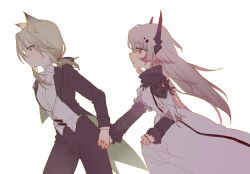  2girls animal_ear_fluff animal_ears arknights black_jacket black_pants butler cat_ears cat_girl chinese_commentary closed_mouth coattails commentary_request dress frilled_sleeves frills green_eyes green_hair highres holding holding_sword holding_weapon jacket kal'tsit_(arknights) kal'tsit_(formal)_(arknights) kemono_(fukanasumi) long_hair multiple_girls official_alternate_costume open_clothes open_jacket pants red_eyes sword theresa_(arknights) weapon white_background white_dress white_hair yuri 