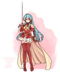  1girl 2025 armor blue_eyes blue_hair blush boots cape closed_mouth dress_shirt eirika_(fire_emblem) fire_emblem fire_emblem:_the_sacred_stones floating_hair full_body hair_between_eyes highres holding holding_sword holding_weapon leather_armor long_hair looking_at_viewer miniskirt pink_background pleated_skirt rapier red_boots red_shirt sayu030b shirt short_sleeves shoulder_armor skirt solo straight_hair sword thigh_boots twitter_username two-tone_background very_long_hair watermark weapon white_background white_cape white_skirt zettai_ryouiki 