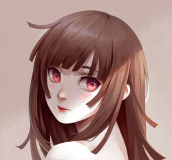  1girl bare_shoulders bei_ju_luoxuan_wan brown_hair commentary_request eyebrows_hidden_by_hair from_side highres looking_to_the_side monogatari_(series) otorimonogatari portrait red_eyes red_lips sengoku_nadeko smile solo 