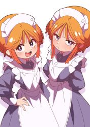  2girls absurdres apron cowboy_shot elpeo_puru from_above gundam gundam_zz highres light_blush looking_at_viewer maid maid_apron maid_headdress multiple_girls neo_zeon onimaru_(onimal7802) orange_hair puru_two science_fiction short_hair smile standing 