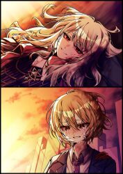  1boy 1girl black_coat black_necktie blonde_hair blood blood_on_face cape coat collared_shirt don_quixote_(project_moon) highres la_manchaland&#039;s_don_quixote_(project_moon) lapels limbus_company lying necktie notched_lapels on_back project_moon red_cape red_eyes sancho_(project_moon) shirt short_hair sidelocks suillus white_shirt 