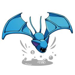  bat_(animal) bat_wings blue_skin colored_skin fangs full_body mistray-art no_humans open_mouth pokemon pokemon_(creature) signature simple_background solo white_background wings zubat 