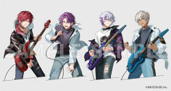  4boys black_jacket black_shirt commentary_request copyright_notice cropped_legs dark-skinned_male dark_skin denim fuwa_minato green_eyes grey_background grey_shirt grin guitar hair_over_one_eye holding holding_guitar holding_instrument holding_microphone holding_plectrum ibrahim_(nijisanji) instrument isamu jacket jeans lauren_iroas looking_at_viewer male_focus microphone multicolored_hair multiple_boys nijisanji off_shoulder official_art open_mouth pants plectrum ponytail purple_hair red_hair sample_watermark shirt short_hair smile streaked_hair torn_clothes torn_jeans torn_pants violet_eyes virtual_youtuber watarai_hibari watermark white_hair white_jacket white_shirt yellow_eyes 