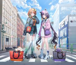  :d absurdres arm_up artist_request bag black_boots black_shorts blue_sky blunt_bangs boots braid breasts center-flap_bangs check_artist closed_mouth clouds commentary crosswalk day dress earrings english_commentary eyewear_on_head feather_earrings feathers full_body green_feathers green_hair grey_eyes grey_jacket hair_flaps heart heart-shaped_eyewear high_heel_boots high_heels highres hololive hololive_english jacket jewelry kfp_employee_(takanashi_kiara) long_hair looking_at_viewer low_twin_braids low_twintails medium_breasts medium_hair ninomae_ina&#039;nis ninomae_ina&#039;nis_(artist) official_art open_mouth orange_hair orange_sweater outdoors pants pink_jacket pointy_ears purple_hair quilted_dress ribbed_sweater road see-through_clothes see-through_pants shorts shoulder_bag sidelocks sky sleeves_past_wrists smile street sunglasses sweater swept_bangs takanashi_kiara takodachi_(ninomae_ina&#039;nis) tentacle_hair turtleneck turtleneck_sweater twin_braids twintails very_long_hair violet_eyes virtual_youtuber white_boots white_dress white_pants 