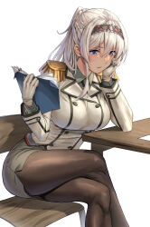  1girl black_pantyhose black_skirt blue_eyes blush book braid breasts buttons chair cosplay crossed_legs desk epaulettes glorious_(kancolle) gloves grey_hair half_up_braid highres jacket kantai_collection katori_(kancolle) katori_(kancolle)_(cosplay) kokuzou large_breasts long_hair military military_uniform open_mouth pantyhose pencil_skirt ponytail shirt sitting skirt solo white_background white_gloves 