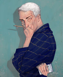  1boy blue_background blue_eyes blue_robe covering_own_mouth crossed_arms ctkcave hand_over_own_mouth holding holding_notepad holding_pencil looking_at_viewer male_focus mature_male notepad old old_man original parted_hair pencil robe short_hair simple_background solo upper_body white_hair wide_sleeves 