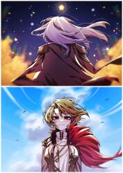  1boy 1girl blonde_hair cape closed_mouth clouds day don_quixote_(project_moon) floating_hair gold_trim highres la_manchaland's_don_quixote_(project_moon) limbus_company long_hair night outdoors parted_bangs project_moon red_cape sancho_(project_moon) short_hair smile star_(symbol) suillus upper_body white_hair 