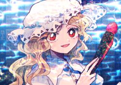  1girl blonde_hair breasts buttons collared_dress dress fingernails hand_fan hand_up hat holding holding_fan itomugi-kun long_hair looking_at_viewer medium_breasts mob_cap ocean open_mouth red_eyes sidelocks smile solo touhou upper_body watatsuki_no_toyohime watermark wavy_hair white_dress white_hat 