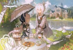  2girls :d bird black_bonnet black_dress black_vest bonnet cake cake_slice clouds commission crown cup day double-parted_bangs dove dress food fruit grass hair_between_eyes highres holding_hands long_hair long_sleeves multiple_girls open_mouth original outdoors rabbit red_eyes sample_watermark saucer shirt short_hair sitting smile strawberry table teacup teapot thoough umbrella vest watermark white_hair white_shirt 