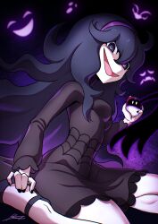  1girl :o @_@ black_dress breasts commentary crazy_eyes crazy_smile dress english_commentary fangs frown ghost hairband hand_on_own_foot hex_maniac_(pokemon) highres holding holding_poke_ball kneeling long_hair long_sleeves looking_at_viewer mimikyu open_mouth open_poke_ball poke_ball poke_ball_(basic) pokemon pokemon_(creature) pokemon_xy purple_hair purple_hairband purple_shoes revenantart shoes signature smile solo very_long_hair violet_eyes white_eyes 