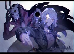  2boys aiming aiming_at_viewer behind_another black_gloves black_hair black_sclera card character_name coat colored_sclera copyright_name duel_monster facial_mark gloves grey_coat grey_hair grey_shirt gun hand_on_own_head harmonica holding holding_card holding_gun holding_weapon infernity_doom_slinger instrument kiryu_kyosuke letterboxed light_particles long_hair male_focus mask multiple_boys outstretched_arm popped_collar red_coat red_eyes revolver shirt skeleton skull_mask upper_body weapon white_background wind yellow_eyes youmicitrustea yu-gi-oh! yu-gi-oh!_5d&#039;s 