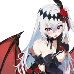  1girl absurdres bat_wings black_bow black_bowtie black_dress bow bowtie breasts commission dress fang feather_hair_ornament feathers fishnets flower hair_bow hair_flower hair_ornament highres itinana long_hair looking_at_viewer mare_(ac8231) open_mouth original red_eyes red_flower red_rose rose skeb_commission small_breasts solo upper_body vampire white_hair wings 