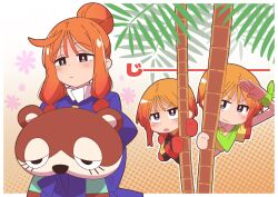  1girl absurdres elpeo_puru gloves gundam gundam_zz highres holding holding_stuffed_toy light_blush looking_at_viewer marida_cruz mecha_pilot_suit military_uniform neo_zeon normal_suit_(gundam) onimaru_(onimal7802) orange_hair palm_tree puru_two red_gloves science_fiction short_hair solo standing staring stuffed_toy tree upper_body 