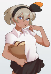  1girl :t bag bea_(pokemon) black_hairband black_skirt blonde_hair blue_eyes bow_hairband closed_mouth collared_shirt commentary eating eyelashes food food_on_face grey_background hair_between_eyes hairband hand_up highres holding looking_at_viewer paper_bag pokemon pokemon_swsh shirt short_hair short_sleeves skirt solo spottylen white_shirt 