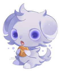  :o commentary cookie espurr fang flower_symbol food full_body highres holding holding_cookie holding_food iwasi_29 no_humans open_mouth pokemon pokemon_(creature) pokemon_focus simple_background solo twitter_username violet_eyes watermark white_background 