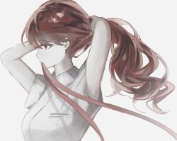  1girl arms_behind_head arms_up brown_eyes commentary_request from_side hand_in_own_hair highres k1kiwa long_hair looking_ahead mouth_hold persona persona_5 persona_5_the_royal portrait profile red_hair red_ribbon ribbon ribbon_in_mouth shirt short_sleeves simple_background solo swept_bangs tying_hair white_background white_shirt wing_collar yoshizawa_kasumi 