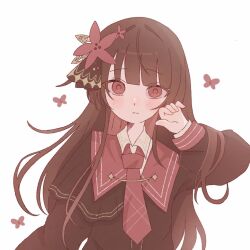  1girl black_hair black_shirt blunt_bangs bug butterfly collared_shirt commentary_request flower hair_flower hair_ornament hand_up long_hair long_sleeves looking_at_viewer mahou_shoujo_no_majo_saiban necktie nikaido_hiro red_butterfly red_eyes red_flower red_necktie sechia_(sechiart) shirt simple_background solo upper_body white_background 