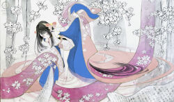  1girl absurdly_long_hair absurdres barefoot black_hair commentary_request floral_print full_body grey_eyes highres japanese_clothes kimono layered_kimono leaning_forward long_hair looking_at_viewer open_clothes open_kimono original print_kimono ripples scroll shiguretau solo traditional_media very_long_hair water 