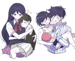  1girl 3boys antenna_hair ball black_hair black_tank_top blush breath brother_and_sister brothers checkered_clothes closed_eyes closed_mouth collarbone collared_shirt colored_skin commentary double-parted_bangs grin hair_between_eyes hashtag-only_commentary hero_(headspace)_(omori) hero_(omori) highres holding holding_ball kel_(headspace)_(omori) kel_(omori) leaf long_sleeves looking_at_another mari_(headspace)_(omori) mari_(omori) messy_hair multiple_boys omori omori_(omori) open_mouth pajamas pleated_skirt purple_hair purple_shorts purple_sweater_vest red_skirt shirt short_hair short_sleeves shorts siblings simple_background skirt smile striped_clothes striped_pajamas striped_shorts sweatdrop sweater_vest tank_top teeth vertical-striped_clothes vertical-striped_pajamas vertical-striped_shorts violet_eyes white_background white_shirt white_shorts white_skin wktdms1 