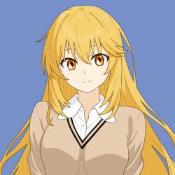  1girl adapted_costume blonde_hair blue_background brown_sweater collared_shirt commentary_request hair_between_eyes long_hair looking_at_viewer nekoshi_(d_n_49) school_uniform shirt shokuhou_misaki smile solo sweater toaru_kagaku_no_mental_out toaru_kagaku_no_railgun toaru_majutsu_no_index tokiwadai_school_uniform upper_body white_shirt yellow_eyes 