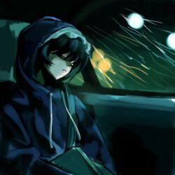  1other androgynous black_hair black_hat book car_interior chair chinese_commentary closed_eyes commentary_request english_commentary frilled_headwear hair_between_eyes hat highres holding holding_book hood hood_up hoodie indoors len&#039;en long_hair long_sleeves mixed-language_commentary night on_chair other_focus parted_lips puffy_long_sleeves puffy_sleeves purple_hoodie rain seatbelt shitodo_kuroji short_hair sitting sleeping solo upper_body yancao_(pixiv_103434280) 