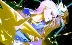  03_oxo 1boy arm_up black_background blue_eyes blue_shirt commentary_request electricity grimace highres looking_ahead male_focus manectric mega_manectric mega_pokemon mega_stone orange_eyes pokemon pokemon_(creature) pokemon_legends:_z-a shirt short_hair sweatdrop urbain_(pokemon) 