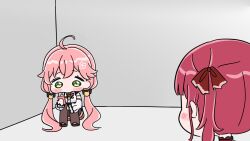  2girls ahoge black_bow black_shoes blush_stickers bow brown_thighhighs cellphone chibi collared_shirt commentary_request detached_sleeves dress_shirt green_eyes hair_bow hair_ribbon highres holding holding_phone hololive houshou_marine houshou_marine_(1st_costume) indoors knees_up long_hair long_sleeves low_twintails mochimiko multiple_girls phone pink_hair plaid_clothes plaid_skirt red_hair red_ribbon red_skirt ribbon sakura_miko shirt shoes sitting skirt thigh-highs twintails very_long_hair virtual_youtuber white_shirt white_sleeves yurie_mouth 