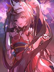  1girl aerial_fireworks bare_shoulders black_gloves black_sash blunt_bangs bow bracelet brown_hair cherry_blossom_print chinese_commentary circon commentary_request cowboy_shot detached_sleeves dress eyelashes finger_to_cheek fireworks floral_print flower_knot fox_mask gloves hair_bow hair_ornament hair_ribbon happy highres holding honkai:_star_rail honkai_(series) jewelry long_hair marking_on_cheek mask mask_on_head night night_sky obi open_mouth outdoors pink_eyes print_dress purple_sky red_bow red_dress red_mask red_sleeves ribbon sash short_sleeves sidelocks single_glove sky smile solo sparkle_(honkai:_star_rail) star_(sky) starry_sky strapless strapless_dress striped_clothes striped_dress tress_ribbon tsurime twintails two-tone_mask vertical-striped_clothes vertical-striped_dress very_long_hair waist_ribbon wavy_hair white_mask yellow_ribbon 