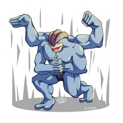  black_male_underwear brown_eyes extra_arms full_body grey_fur looking_at_viewer machamp male_underwear mistray-art muscular muscular_male open_mouth pokemon pokemon_(creature) signature simple_background solo squatting underwear white_background 