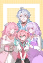  1boy 3girls antenna_hair belt blacies blue_eyes bug butterfly castorice_(honkai:_star_rail) chinese_commentary choker criss-cross_strings cyrene_(honkai:_star_rail) cyrene_(ripples_of_past_reverie)_(honkai:_star_rail) diamond-shaped_pupils diamond_(shape) dress drill_hair earrings flower gradient_hair green_eyes hair_flower hair_ornament hair_ribbon highres honkai:_star_rail honkai_(series) hood hoodie hyacine_(honkai:_star_rail) jewelry light_blush long_sleeves multicolored_hair multiple_girls off_shoulder one_eye_closed phainon_(honkai:_star_rail) pink_hair pleated_skirt pointy_ears polka_dot polka_dot_background puffy_sleeves purple_hair ribbon single_earring skirt smile sun_symbol symbol-shaped_pupils twin_drills violet_eyes white_hair yellow_background 