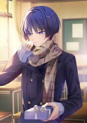  1boy black_hair black_jacket box brown_scarf closed_mouth genshin_impact gift gift_box hair_between_eyes highres holding holding_box holding_gift jacket long_sleeves male_focus namimenou purple_hair scaramouche_(genshin_impact) scarf short_hair solo violet_eyes 
