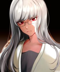  1girl backlighting black-framed_eyewear black_background black_shirt closed_mouth coat collarbone commentary_request danganronpa_(series) danganronpa_2:_goodbye_despair frown glasses grey_hair hair_down hair_over_one_eye long_hair looking_at_viewer pekoyama_peko qqubbell rectangular_eyewear red_eyes semi-rimless_eyewear serious shirt simple_background solo straight_hair swept_bangs tsurime upper_body white_coat 