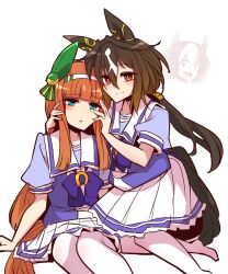  2girls agemasen!_(meme) animal_ears aqua_eyes blunt_bangs blunt_tresses bow bright_pupils brown_hair commentary ear_bow ear_covers gradient_hair hair_between_eyes hair_intakes hair_ornament hairband highres horse_ears horse_girl horse_tail long_hair low_ponytail meme multicolored_hair multiple_girls orange_eyes pleated_skirt ponytail puffy_short_sleeves puffy_sleeves purple_bow sailor_collar school_uniform short_sleeves sidelocks silence_suzuka_(umamusume) skirt special_week_(umamusume) stay_gold_(umamusume) striped_clothes striped_hairband summer_uniform sweatdrop tail thigh-highs tracen_school_uniform umamusume violet_eyes white_background white_hair white_hairband white_sailor_collar white_skirt white_streaks white_thighhighs yonedatomo_mizu 