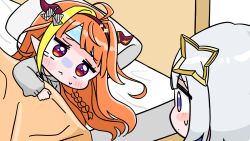  2girls amane_kanata bed blonde_hair blue_hair blush_stickers bow braid brown_hairband chibi closed_mouth commentary_request dragon_horns drawstring grey_hair grey_hoodie hairband highres hololive hood hood_down hoodie horn_bow horn_ornament horns kiryu_coco long_hair long_sleeves mochimiko multicolored_hair multiple_girls orange_hair pillow pointy_ears puffy_long_sleeves puffy_sleeves small_sweatdrop streaked_hair sweat turn_pale two-tone_hair under_covers violet_eyes virtual_youtuber white_background 
